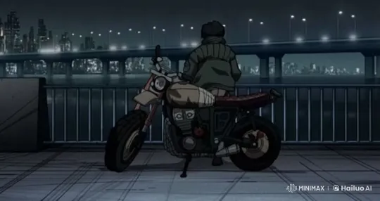 Nighttime Motorcycle Scene on Waterfront with City Lights Reflection – AI Generated Video | Hailuo AI