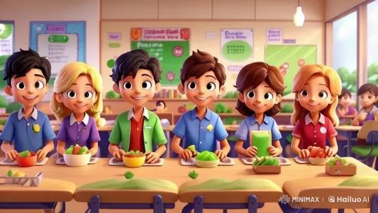 School Lunchtime: Joyful Meals and Camaraderie – AI Generated Video | Hailuo AI