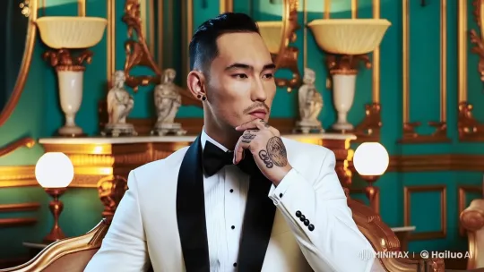 Asian Man in White Tux Reflects in Luxurious Interior – AI Generated Video | Hailuo AI