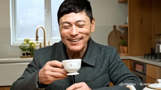 Enthusiastic Middle-Aged Man Enjoying Tea in Kitchen – AI Generated Video | Hailuo AI