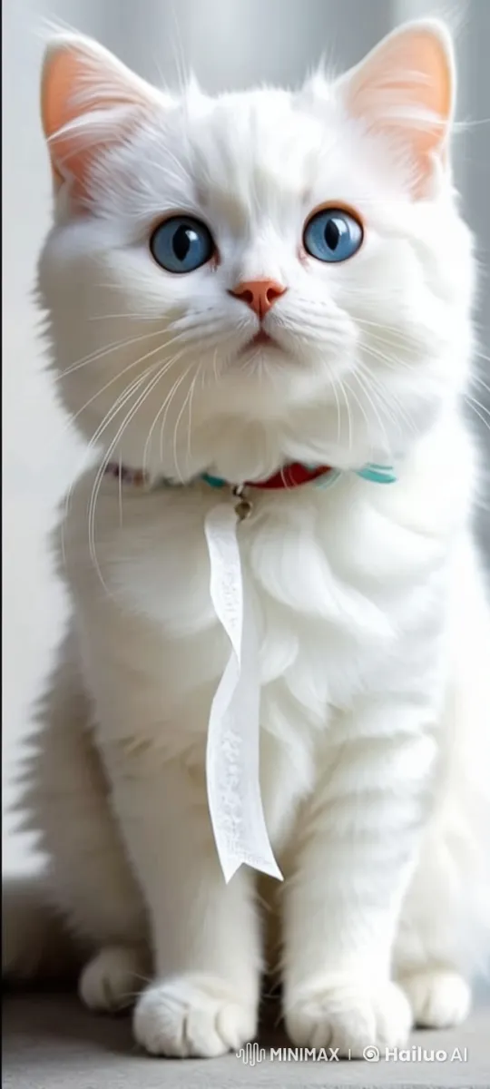 Adorable White Cat with Ribbon in Cozy Animated Scene – AI Generated Video | Hailuo AI