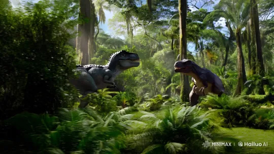 Prehistoric Titans Clash in Dazzling Jungle Battle – AI Generated Video | Hailuo AI