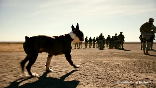 Boston Terrier Stands Defiant Against Soldiers in Vast Landscape – AI Generated Video | Hailuo AI