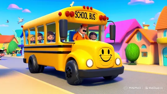 Bright Yellow School Bus Navigates Colorful Town – AI Generated Video | Hailuo AI
