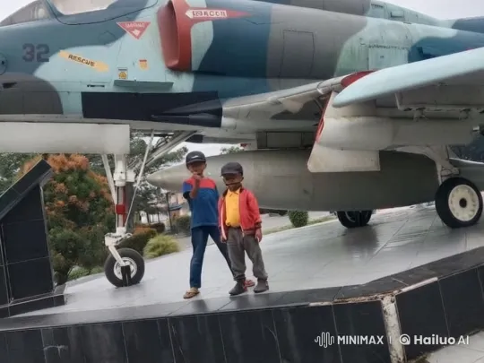 Children and Camouflaged Aircraft at Outdoor Setting – AI Generated Video | Hailuo AI