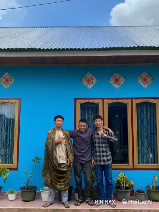 Three Practitioners Demonstrate Kungfu in Front of Decorated House – AI Generated Video | Hailuo AI