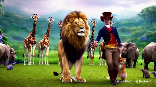 Lion and Cat Dance in Enchanted Jungle Setting – AI Generated Video | Hailuo AI