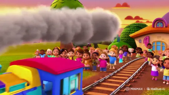Colorful Train Departs with Heartfelt Steam in Whimsical Animated Scene – AI Generated Video | Hailuo AI