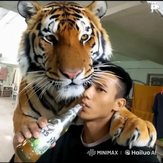 Man Shares Intimate Moment with Tiger in Indoor Setting – AI Generated Video | Hailuo AI
