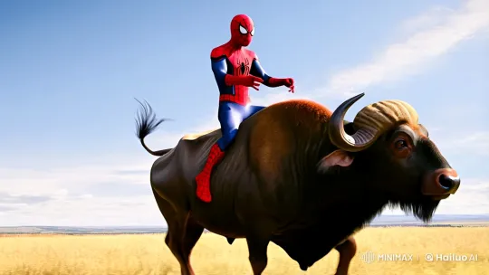 Spider-Man Gracefully Rides Buffalo in Majestic Landscape – AI Generated Video | Hailuo AI