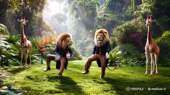 Lion and Cat Dance in Elegant Synchronization in the Jungle – AI Generated Video | Hailuo AI