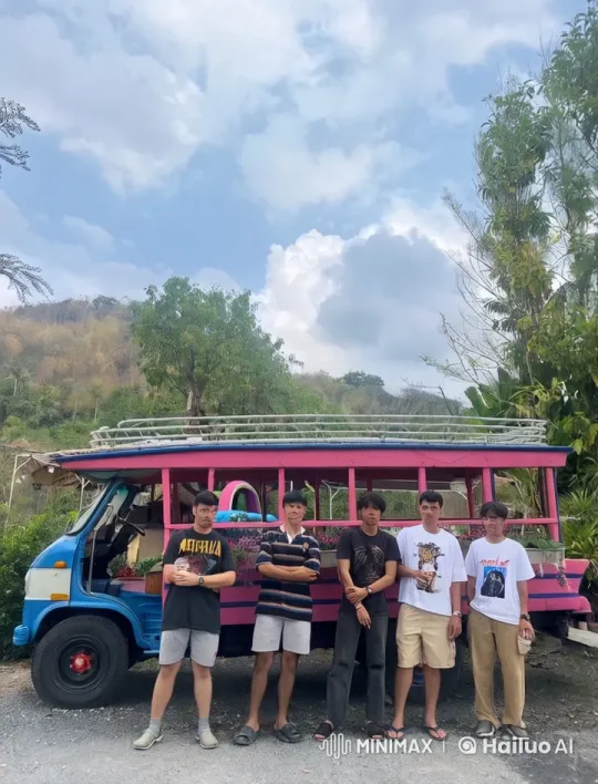 Five Men Display Kungfu Skills in Front of Painted Bus – AI Generated Video | Hailuo AI