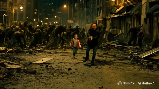Man and Girl Flee Monsters in Urban Chaos – AI Generated Video | Hailuo AI