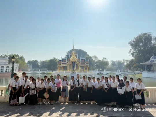 Students Perform Energetic Kung Fu in Front of Thai Pavilion – AI Generated Video | Hailuo AI