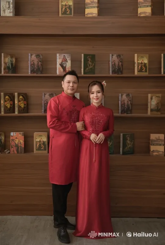 Couple Showcases Traditional Attire in Scholarly Setting – AI Generated Video | Hailuo AI
