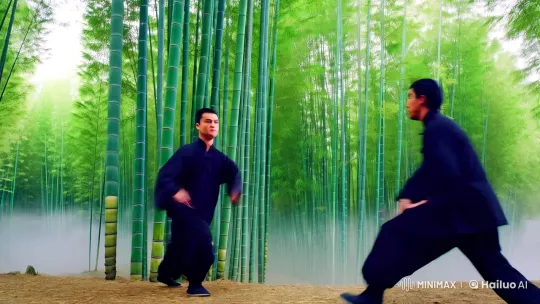 Kung Fu Fight in Bamboo Forest with Dynamic Camera Work – AI Generated Video | Hailuo AI