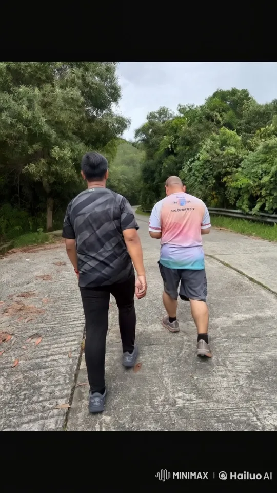 Two Men Accelerate from Walk to Run on Tree-Lined Path – AI Generated Video | Hailuo AI