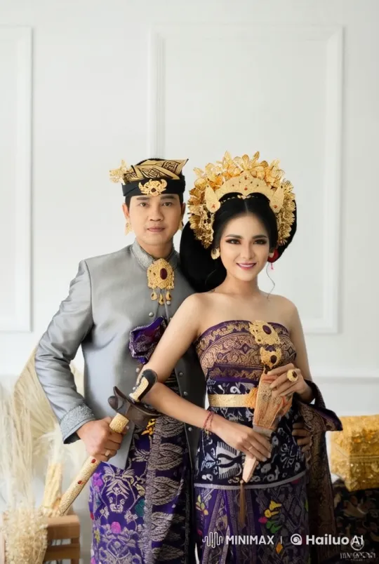 Balinese Couple in Traditional Attire Perform Kungfu with Ceremonial Weapons – AI Generated Video | Hailuo AI
