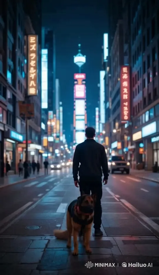 Lost Man Guided by German Shepherd in Bustling City – AI Generated Video | Hailuo AI