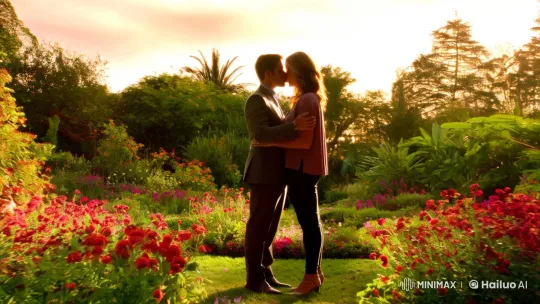 Intimate Embrace: Couple Kissing in Sunlit Garden – AI Generated Video | Hailuo AI