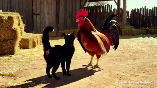 Farming Frenzy: Rooster vs. Cat, Duck's Quirky Interruption – AI Generated Video | Hailuo AI