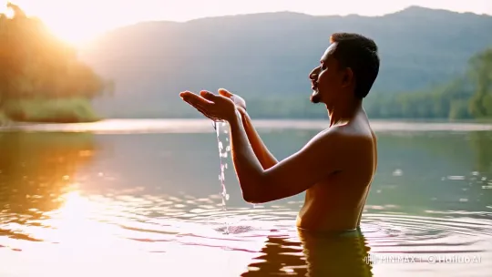 Man Worships Sun with Water in Tranquil River Ritual – AI Generated Video | Hailuo AI