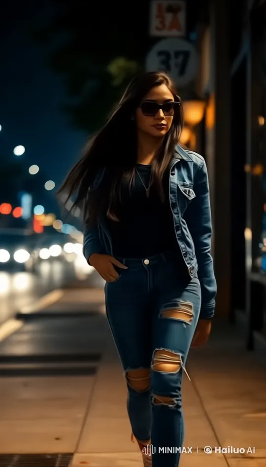 Woman Walks Gracefully on Nighttime Sidewalk – AI Generated Video | Hailuo AI