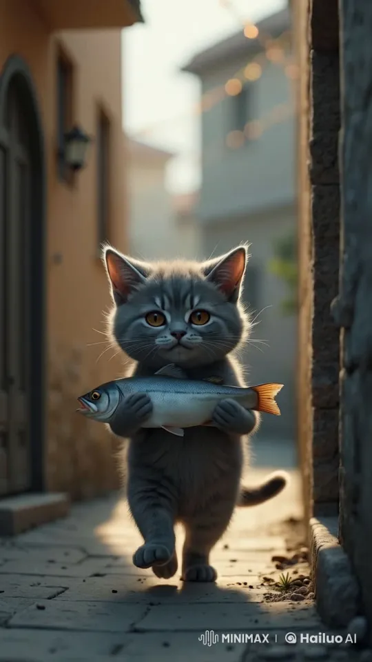 Cute Kitten Carries Fish Down Sunlit Alley – AI Generated Video | Hailuo AI