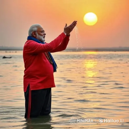 Man Performing a Sun Worship Ritual in a River – AI Generated Video | Hailuo AI