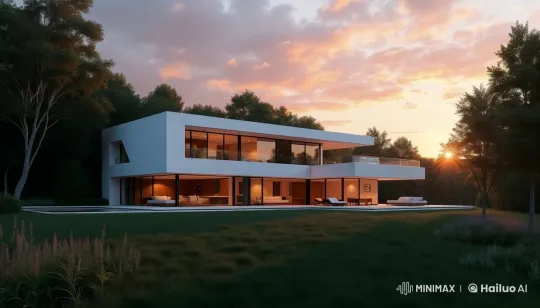 Modern Minimalist House Amidst Nature at Sunrise – AI Generated Video | Hailuo AI