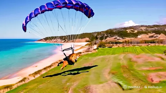 Lion Parachuting Over Coastal Landscape – AI Generated Video | Hailuo AI