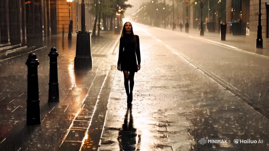 Rain-Soaked Street: A Woman's Serene Walk – AI Generated Video | Hailuo AI