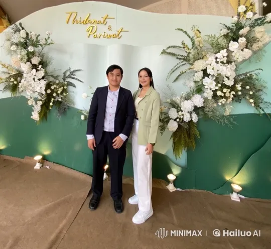 Couple Poses for Photo at Elegant Floral-Decorated Stage – AI Generated Video | Hailuo AI
