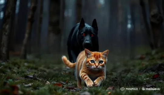 Orange Cat Evades Black Dog in Mysterious Forest Chase – AI Generated Video | Hailuo AI