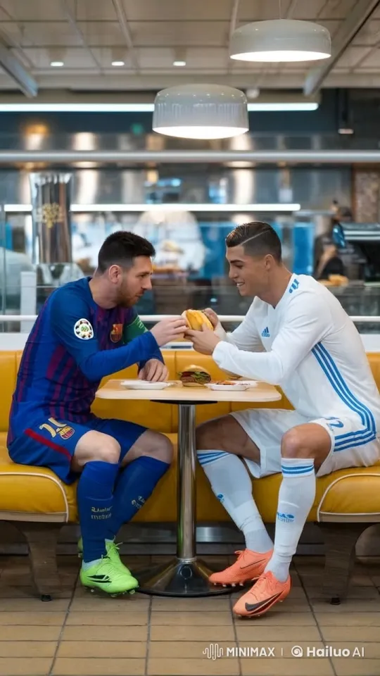Lionel Messi and Cristiano Ronaldo Share a Meal at a Café – AI Generated Video | Hailuo AI