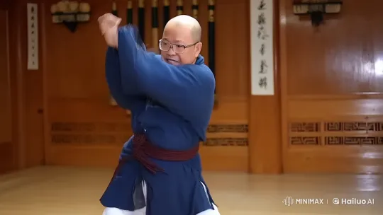 Bald Martial Artist Demonstrates Advanced Kung Fu in Dojo – AI Generated Video | Hailuo AI