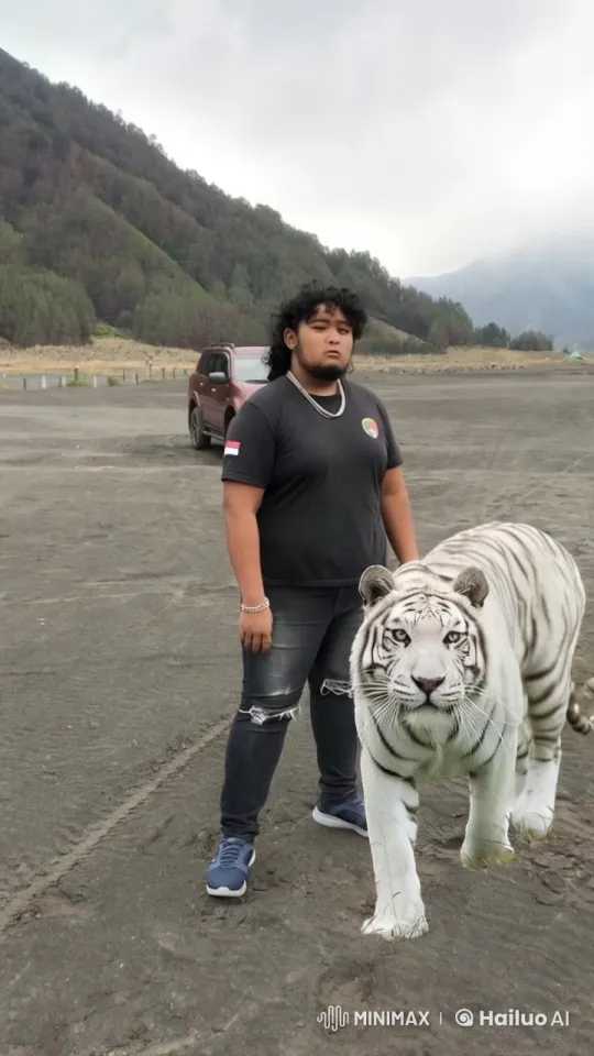 Human and White Tiger Bond in Peaceful Outdoor Play – AI Generated Video | Hailuo AI