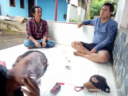 Relaxed Men Chatting Outdoors by Blue House – AI Generated Video | Hailuo AI