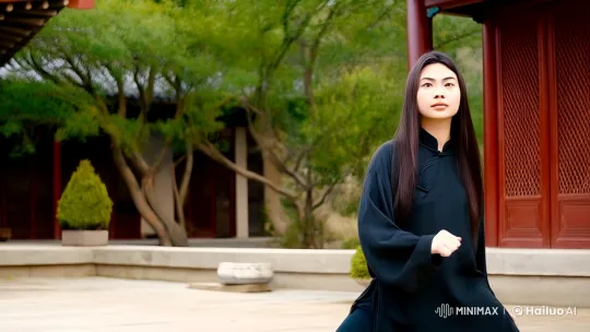Young Woman Showcases Kungfu Skills in Ancient Chinese Courtyard – AI Generated Video | Hailuo AI