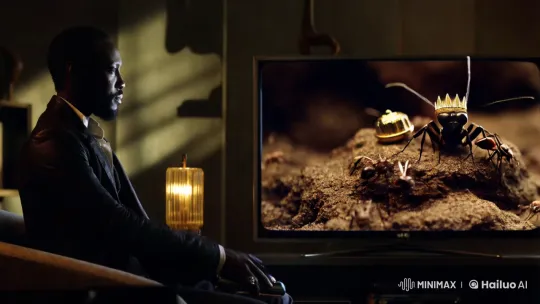 Man Watches Ant Colony on TV in Artistically Lit Room – AI Generated Video | Hailuo AI