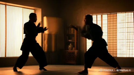 Dynamic Martial Arts Battle in Atmospheric Dojo – AI Generated Video | Hailuo AI