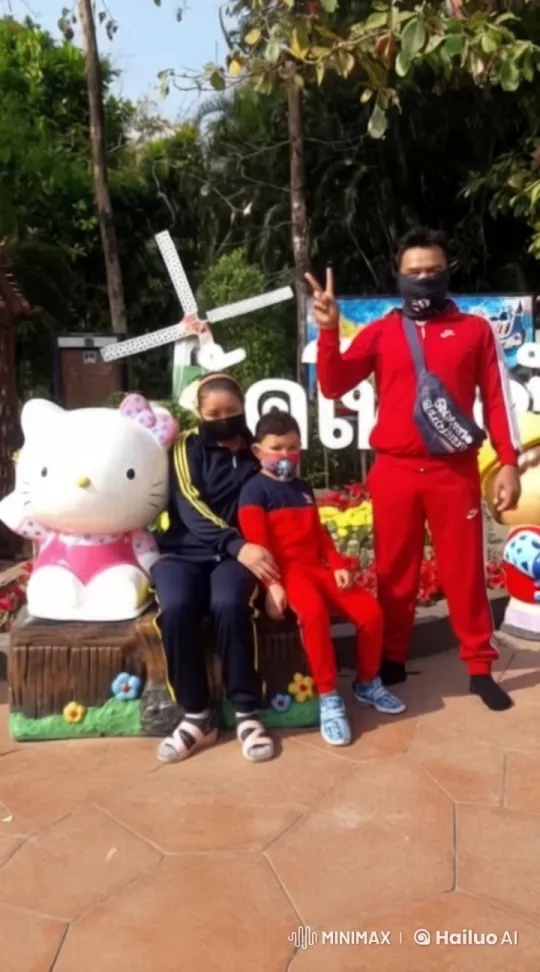Family Poses with Hello Kitty Statue in Animated Photo – AI Generated Video | Hailuo AI