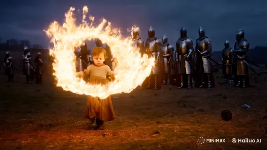 Child with Fiery Aura Crosses Medieval Battlefield – AI Generated Video | Hailuo AI