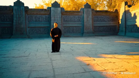Kung Fu Master in Sunlit Courtyard: Aesthetic Mastery Display – AI Generated Video | Hailuo AI