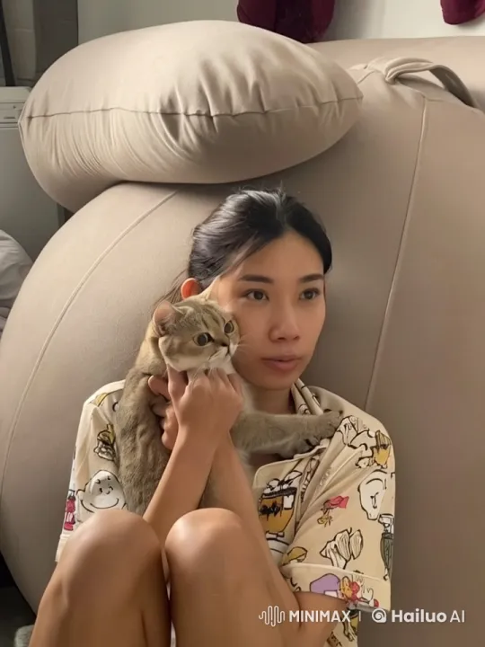 Person Playfully Boxes with Cat on Sofa – AI Generated Video | Hailuo AI