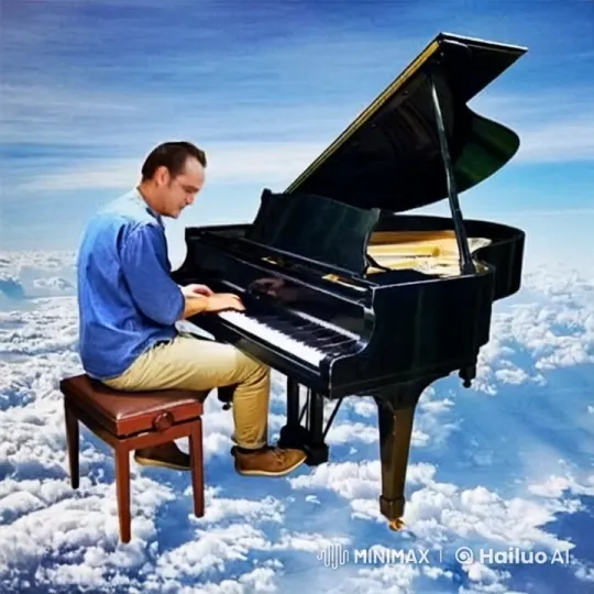 Man Plays Floating Piano in Dreamy Sky Background – AI Generated Video | Hailuo AI