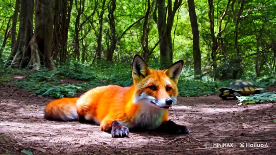 Forest Serenity: Fox Rests, Turtle Wanders – AI Generated Video | Hailuo AI