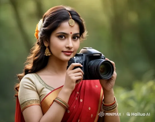 Woman in Red Saree Takes Pictures in Serene Setting – AI Generated Video | Hailuo AI