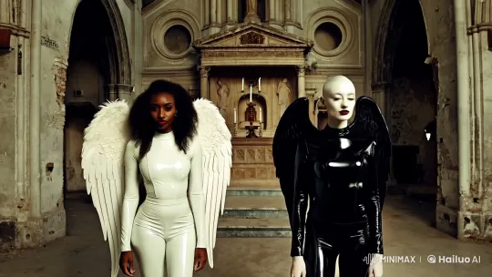 Angel and Demon: Dual Figures in a Decaying Church – AI Generated Video | Hailuo AI