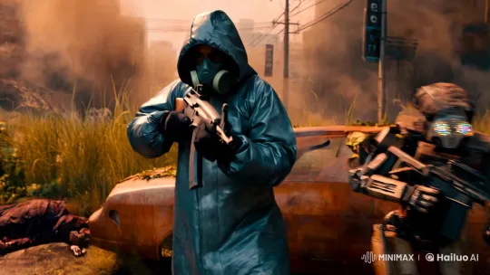 Post-Apocalyptic Action Scene with Mysterious Wanderer and Combat Robot – AI Generated Video | Hailuo AI